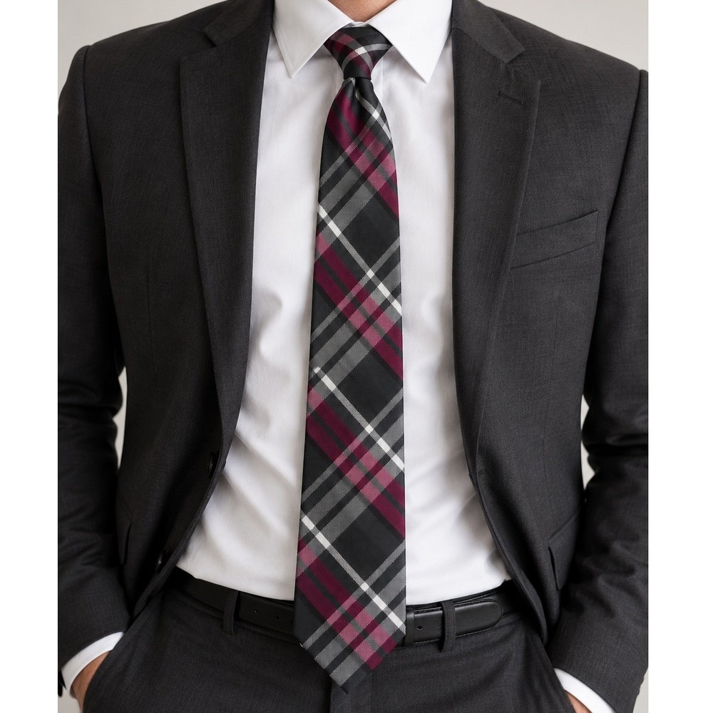 NWT Express Necktie Mens OS Grey Black Burgundy Plaid 100% Silk Formal Accessory